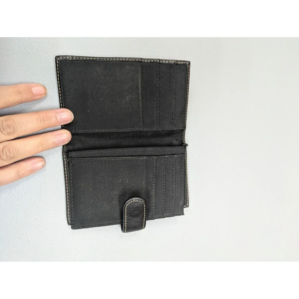 Black Genuine Leather Wallet Slim Card ID Holder‎ Fold over Snap Minimalist